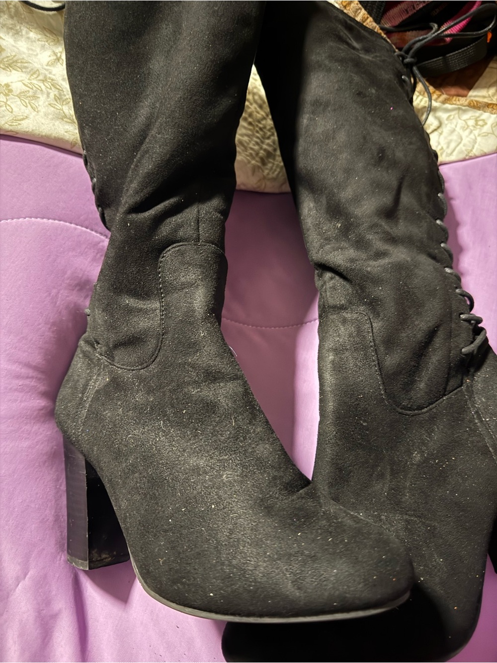 Women’s Black Suede Knee-High Block Heel Boots